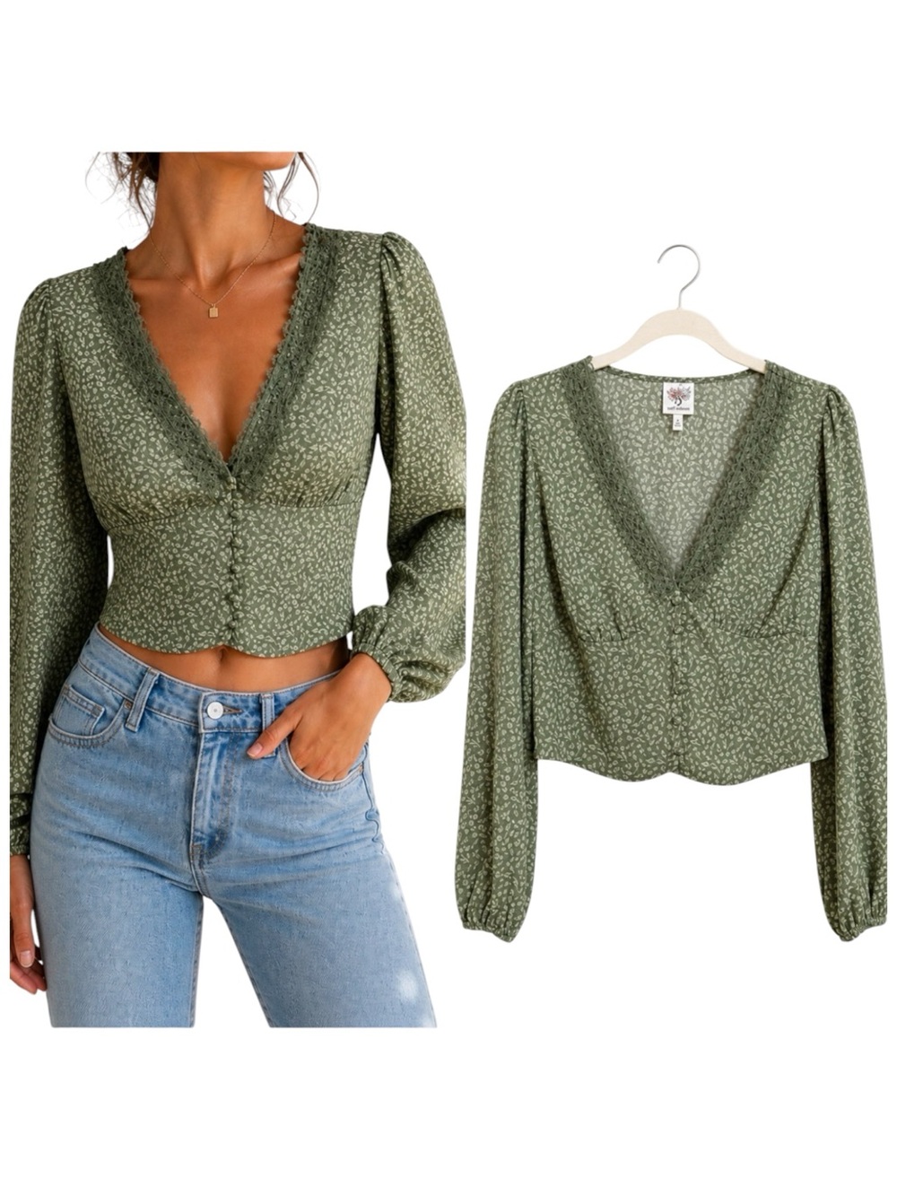 SELF ESTEEM Green Floral Lace Trim Long Sleeve Blouse Size S
